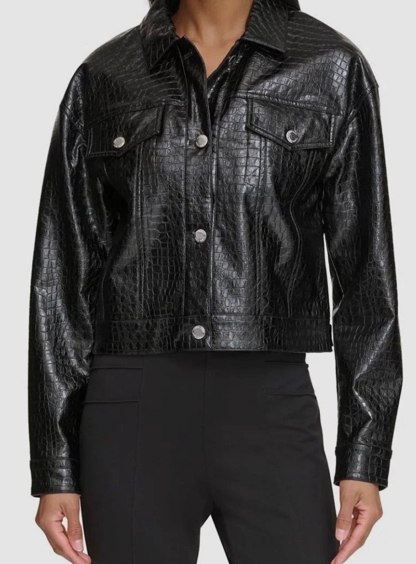 Calvin Klein Croc-Embossed Cropped Trucker Jacket Sz 10